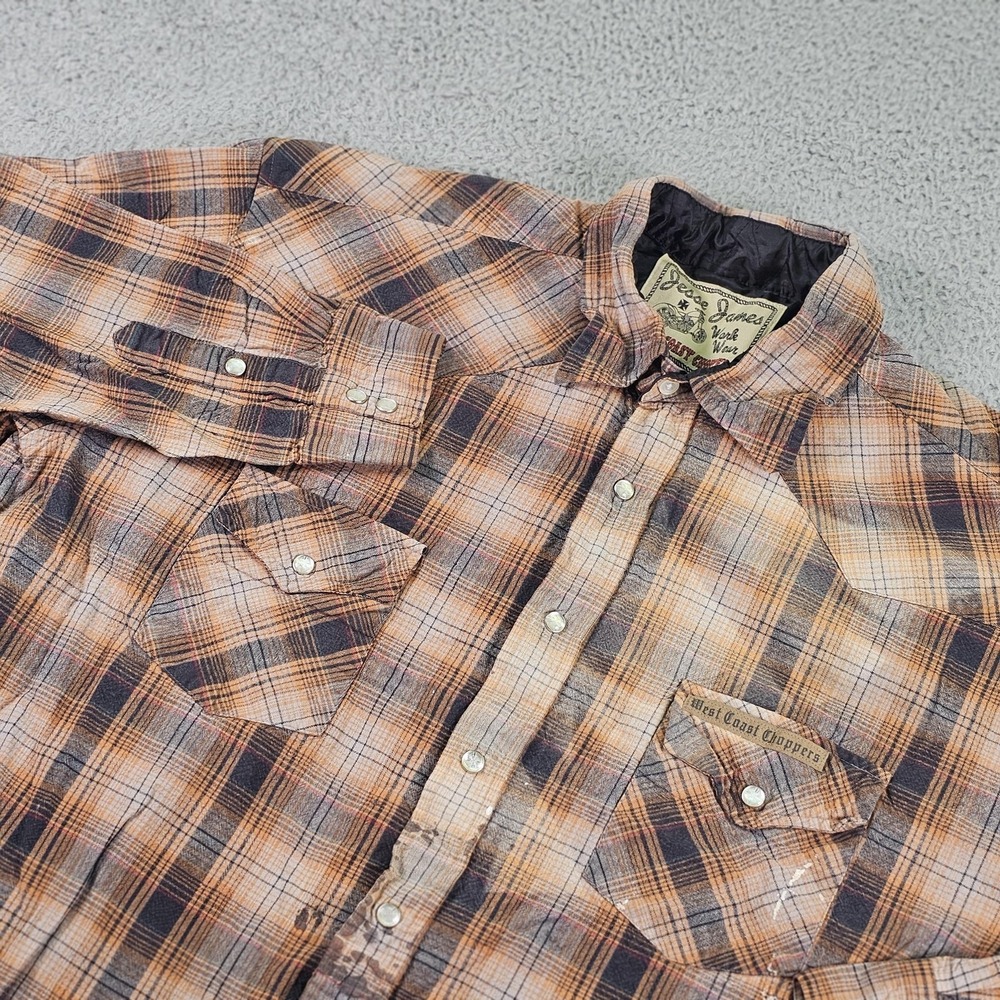 West Coast Choppers Jesse James Shirt Mens XL Orange Plaid Flannel Snap Button‎